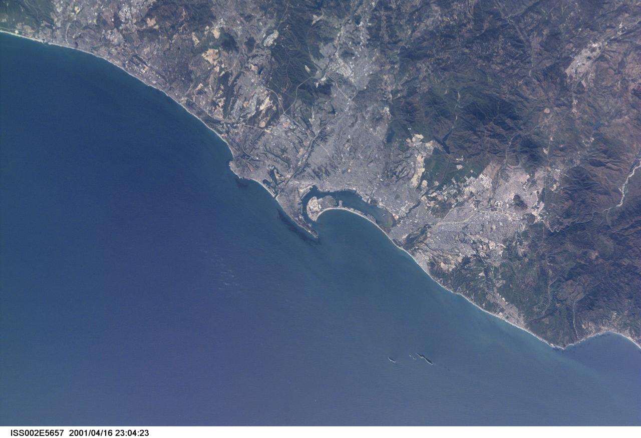 ISS002-E-5657 (16 April 2001) --- San Diego, California, and the California border with Mexico were photographed with a digital still camera by the Expedition Two crew onboard the International Space Station (ISS). A 105mm lens was used for this frame.  Other pictures taken in this April 16, 2001 series show different angles of the metropolitan area and utilize various lenses.