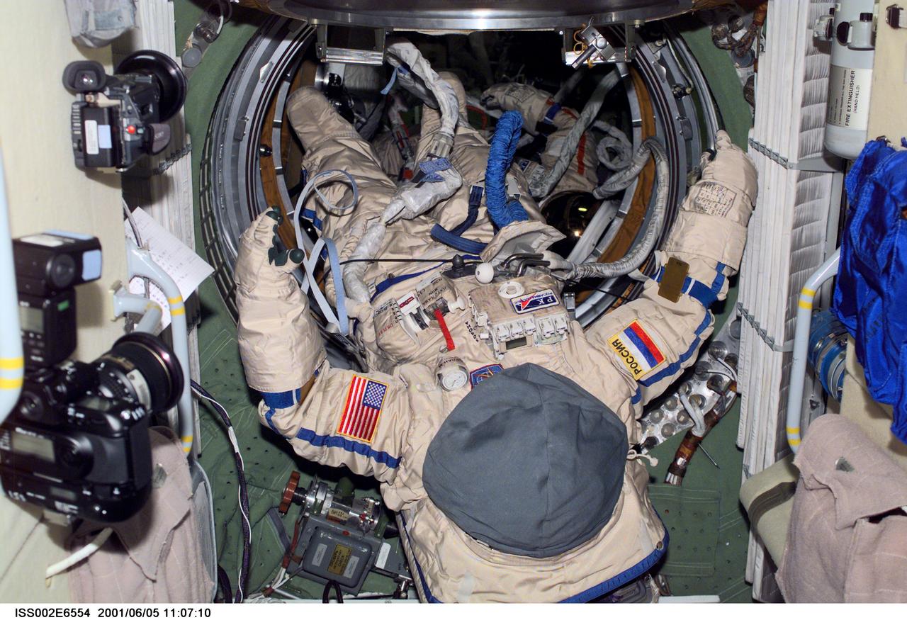 ISS002-E-6554 (5 June 2001) --- View of two Orlan spacesuits in the aft section of the Zarya module or Functional Cargo Block. The suits are scheduled to be used in the June 8 space walk. The image was recorded with a digital still camera.
