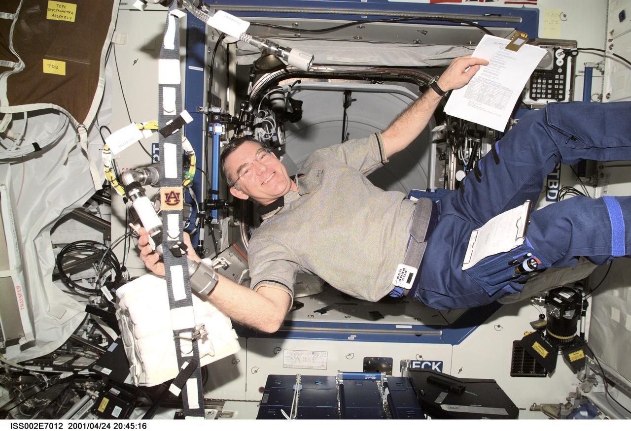 ISS002-E-7012 (24 April 2001) --- Astronaut James S. Voss, Expedition Two flight engineer, handles a connector in the Destiny/U.S. Laboratory. A digital still camera was used to record this image.