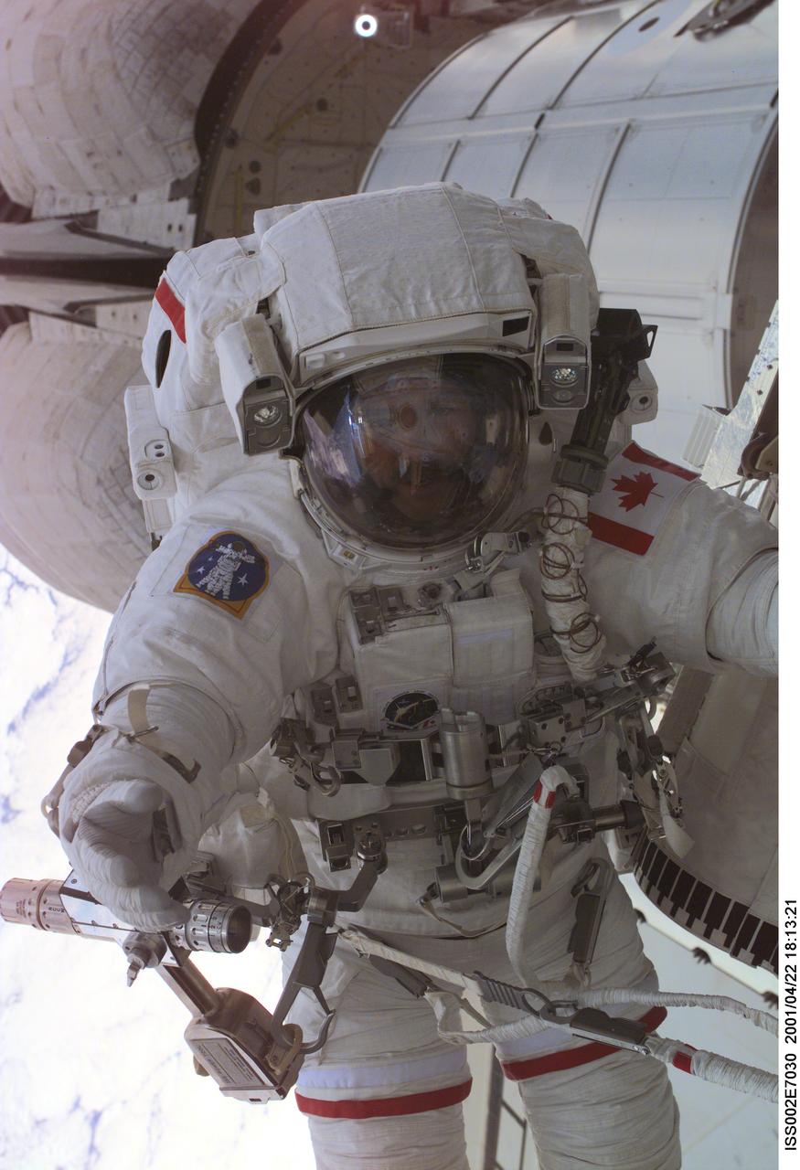 ISS002-E-7030 (22 April 2001) --- Astronaut  Chris A. Hadfield, STS-100 mission specialist, during the first extravehicular activity (EVA) of the STS-100 mission.  This digital still camera's image  was taken through the nadir window of the Destiny Laboratory by an Expedition Two crew member.  The Multipurpose Logistics Module (MPLM) Raphaello is visible in the payload bay of Space Shuttle Endeavour in the background.
