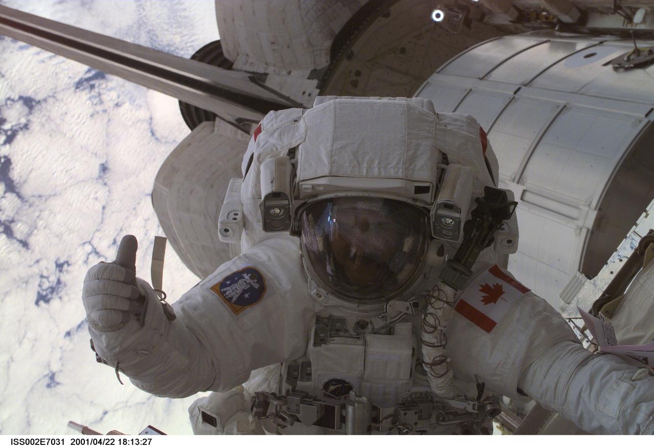 ISS002-E-7031 (22 April 2001) --- Astronaut Chris A. Hadfield, STS-100 mission specialist, gives the Expedition Two crewmembers the &quot;thumbs up&quot; signal during the first extravehicular activity (EVA) of the STS-100 mission.  This picture was taken through the nadir window of the Destiny Laboratory by an Expedition Two crewmember using a digital still camera. The Multipurpose Logistics Module (MPLM) Raphaello is visible in the payload bay of the Space Shuttle Endeavour in the background.