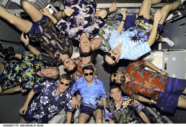 Joint STS-100 and Expedition Two crew portrait in Hawaiian shirts