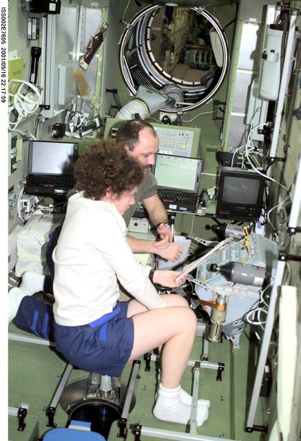NASA image: Helms and Usachev with checklist in Service Module