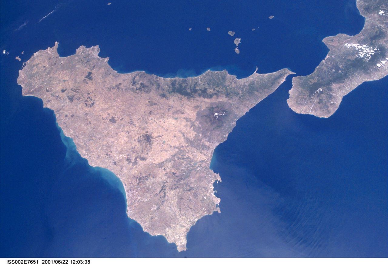 ISS002-E-7651 (22 June 2001) --- Sicily  and the &quot;toe&quot; of Italy are featured in this Expedition Two  digital still camera's nearly-vertical view from the International Space Station (ISS).