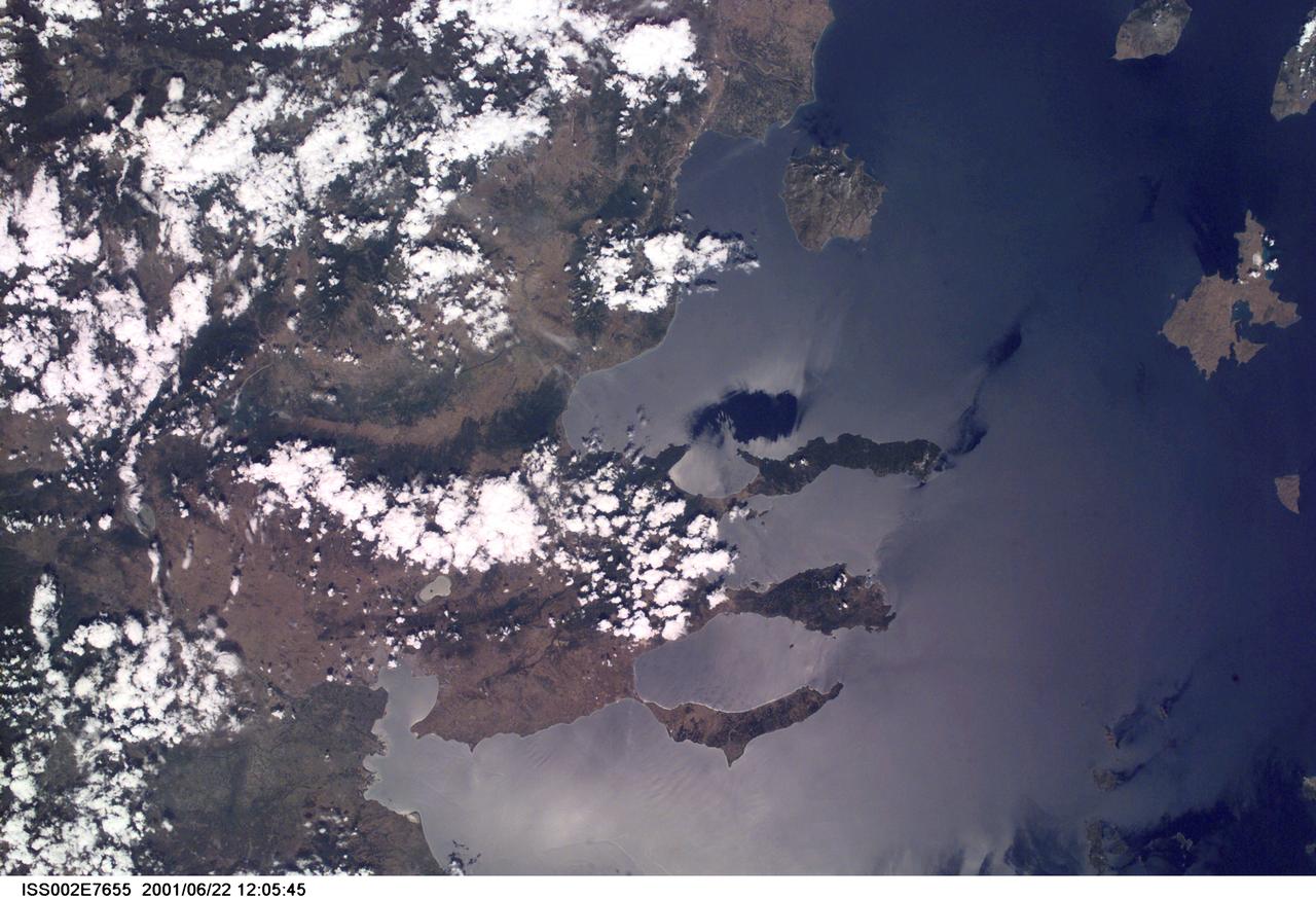 ISS002-E-7655 (22 June 2001) --- A view of Chalcidice (Khalkidhiki) Peninsula in Northeast Greece was photographed with a digital still camera aboard the Interntational Space Station (ISS).