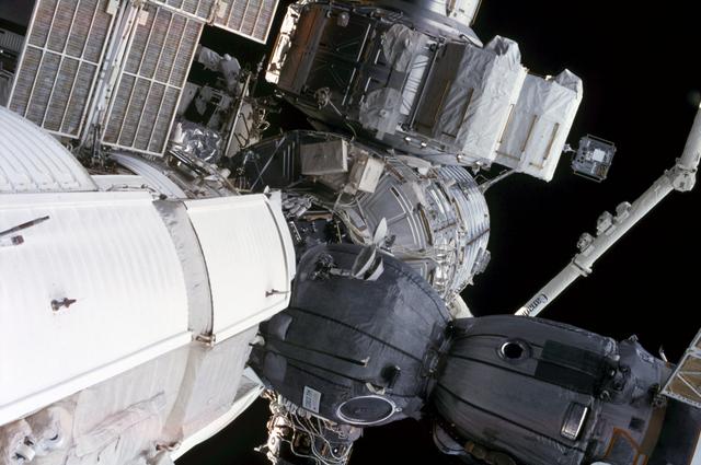 NASA image: View of the nadir side of the ISS taken during the first EVA of Expedition Three