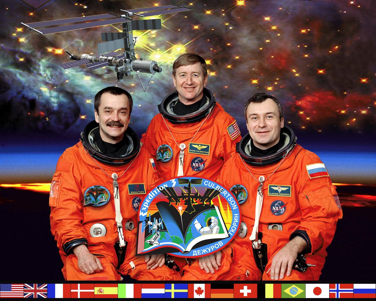 ISS003-S-002 (June 2001) --- Taking a break from a busy training schedule to pose for a portrait are the crew members for Expedition Three, scheduled to replace the current cosmonaut/astronaut trio aboard the International Space Station (ISS). Astronaut Frank L. Culbertson, Jr. (center), commander, is flanked by cosmonauts Mikhail Tyurin (left) and Vladimir Dezhurov, both flight engineers representing Rosaviakosmos. The three will accompany the STS-105 crew into Earth orbit aboard the Space Shuttle Discovery this summer to begin their lengthy stay on the orbital outpost.