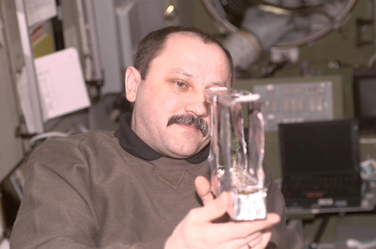 ISS003-E-5048 (August 2001) --- Yury V. Usachev of Rosaviakosmos, Expedition Two mission commander, examines a plant experiment in the Zvezda Service Module.  This image was taken with a digital still camera.