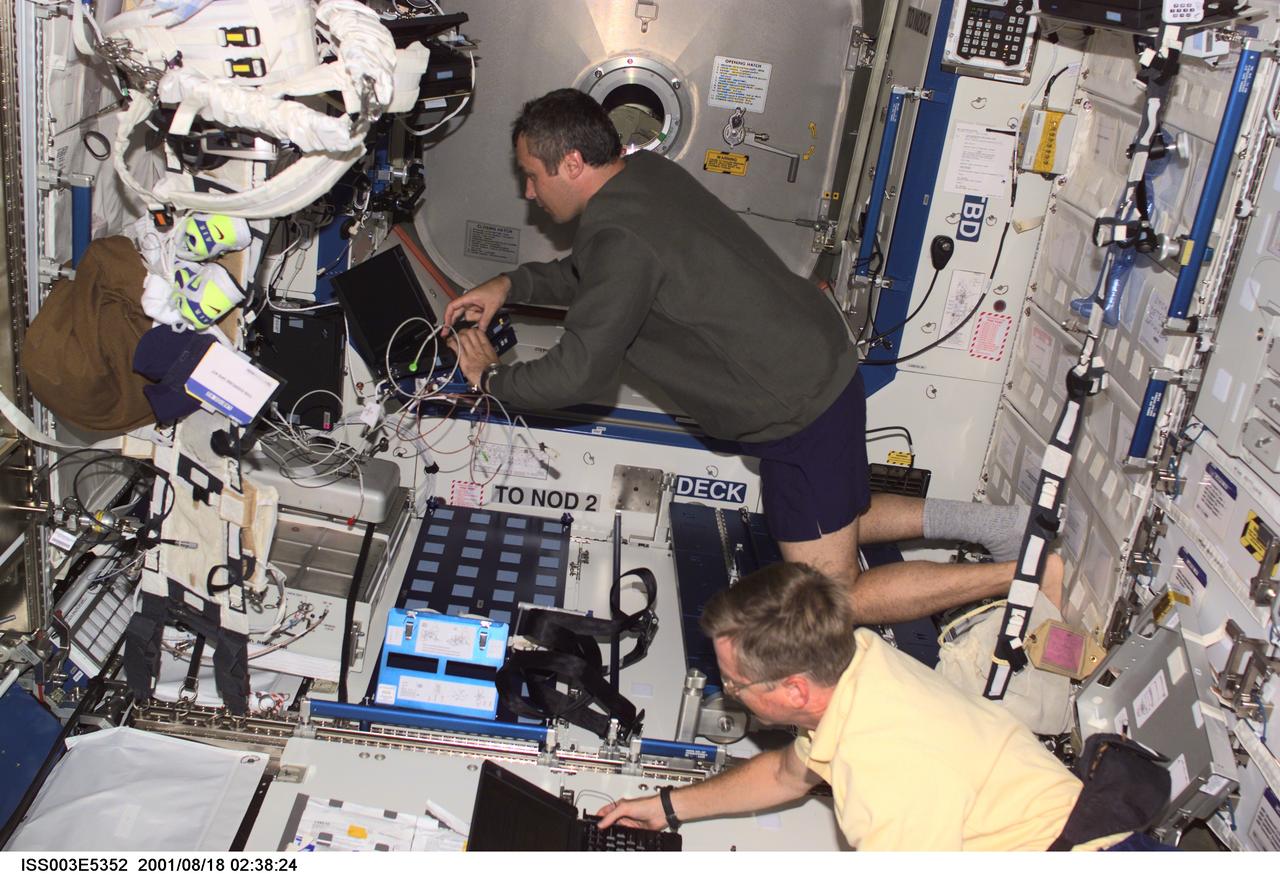 ISS003-E-5352 (18 August 2001) --- Astronaut Frank L. Culbertson, Jr. (bottom), Expedition Three commander, and cosmonaut Vladimir N. Dezhurov, flight engineer representing Rosaviakosmos, perform routine tasks in the Destiny laboratory on the International Space Station (ISS). This image was taken with a digital still camera.