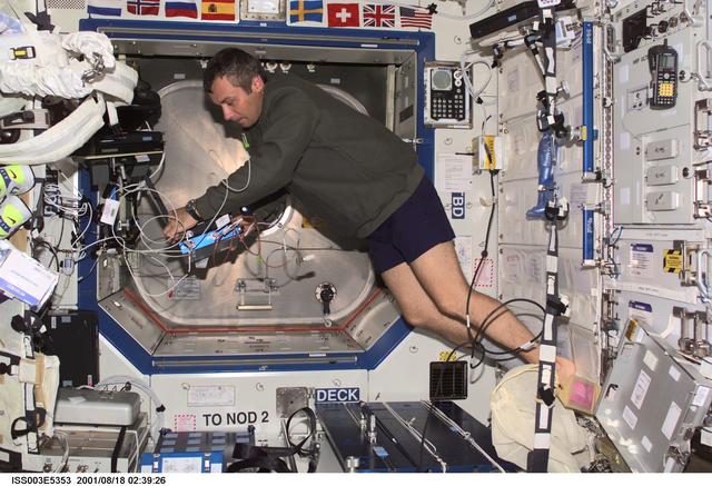 NASA image: Dezhurov works on a laptop in the U.S. Laboratory during Expedition Three