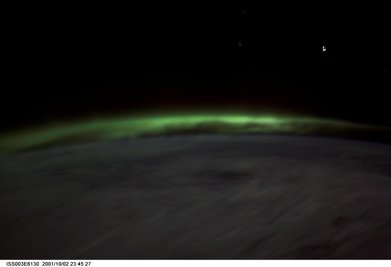 ISS003-E-6130 (2 October 2001) --- One of the Expedition Three crew members captured this image of the Aurora Australis (southern lights) from the International Space Station (ISS). This picture was taken with a digital still camera.