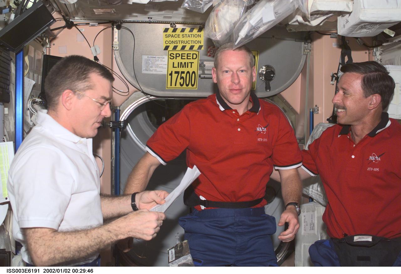 ISS003-E-6191 (August 2001) --- Astronauts James S. Voss (left), Expedition Two flight engineer, Patrick G. Forrester, STS-105 mission specialist, and Scott J. Horowitz, mission commander, are photographed in the Unity node on the International Space Station (ISS). This image was taken with a digital still camera.