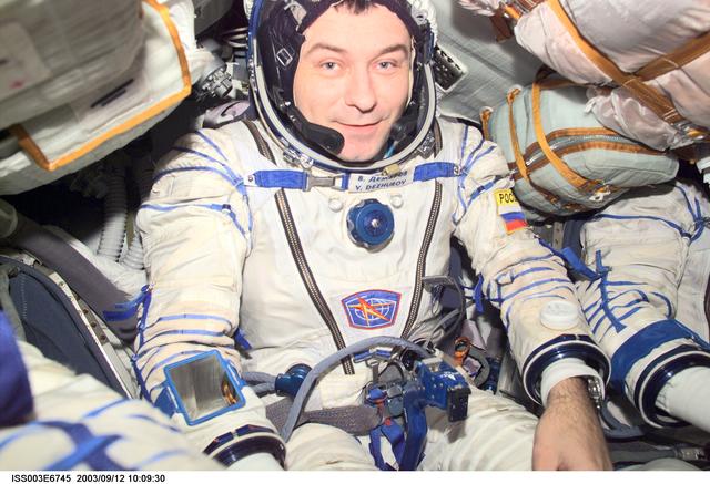 NASA image: Dezhurov is seated in the Soyuz spacecraft during Expedition Three