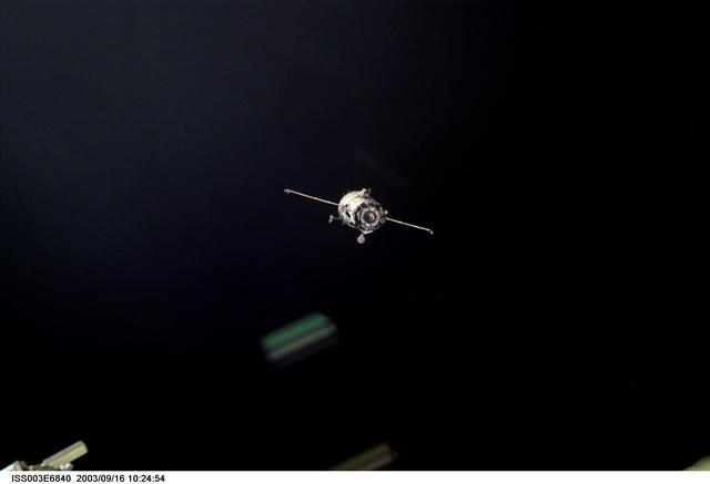 NASA image: View of the approach of the Soyuz carrying the Taxi crew taken during Expedition Three