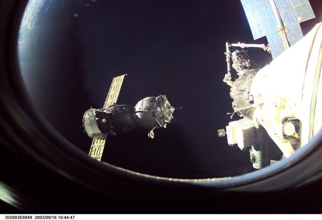 NASA image: View of the approach of the Soyuz carrying the Taxi crew taken during Expedition Three