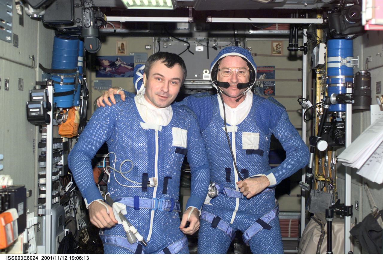 ISS003-E-8024 (12 November 2001) --- Astronaut Frank L. Culbertson, Jr. (right), Expedition Three mission commander, and cosmonaut Vladimir N. Dezhurov, flight engineer, wearing thermal undergarments, prepare for upcoming space walk. They are in the Zvezda Service Module on the International Space Station (ISS). Dezhurov represents Rosaviakosmos. This image was taken with a digital still camera.