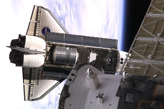 View of the docking approach of Endeavour taken during Expedition Three