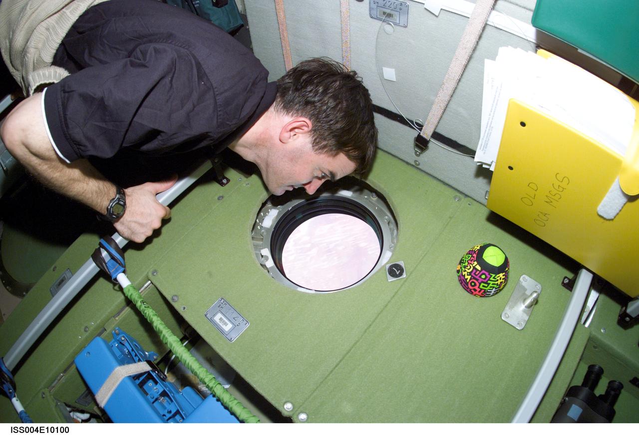 ISS004-E-10100 (16 April 2002) --- Astronaut Rex J. Walheim, STS-110 mission specialist, looks out a window in the Zvezda Service Module on the International Space Station (ISS).