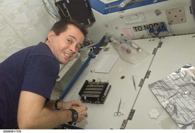 NASA image: Bursch harvests Brassica plants in the U.S. Lab during Expedition Four