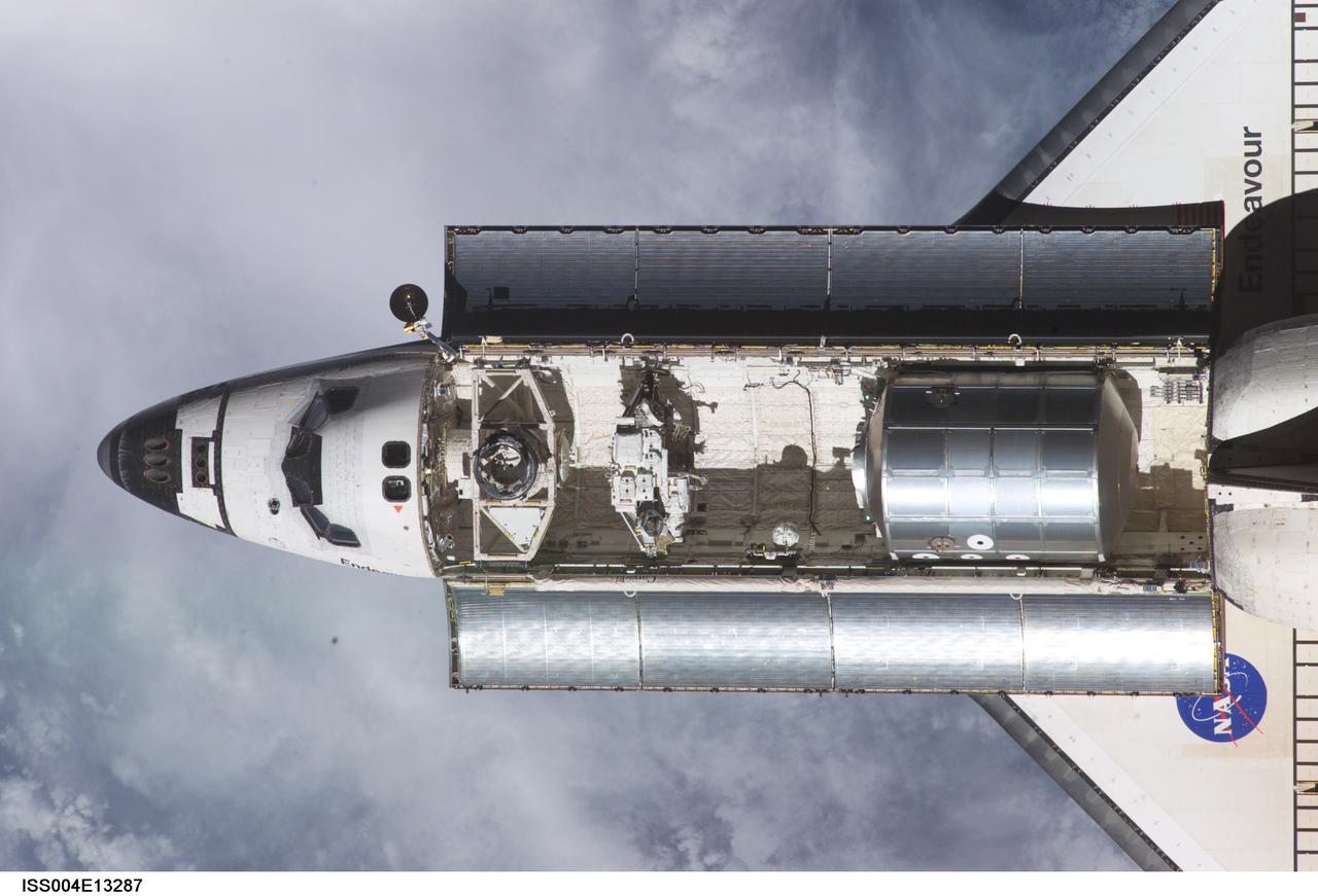 ISS004-E-13287 (7 June 2002) --- The Space Shuttle Endeavour approaches the International Space Station (ISS) in this digital still camera's view, recorded on June 7, 2002.  The Multi-Purpose Logistics Module (MPLM), known as Leonardo, is visible in Endeavour's payload bay. Two Russian cosmonauts and an American astronaut, currently onboard the shuttle, will replace two American astronauts and a Russian cosmonaut now on the station.