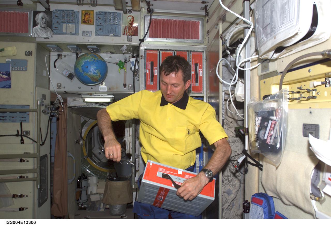 ISS004-E-13306 (June 2002) --- Cosmonaut Sergei Y. Treschev, Expedition Five flight engineer representing Rosaviakosmos, works in the Zvezda Service Module on the International Space Station (ISS).