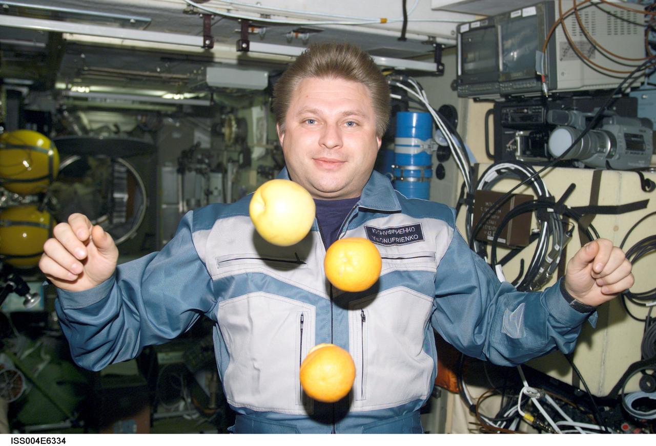 ISS004-E-6334 (January 2002) --- Cosmonaut Yury I. Onufrienko, Expedition Four mission commander representing Rosaviakosmos, is photographed in the Zvezda Service Module on the International Space Station (ISS). Apples and oranges are visible floating freely in front of Onufrienko. The image was taken with a digital still camera.