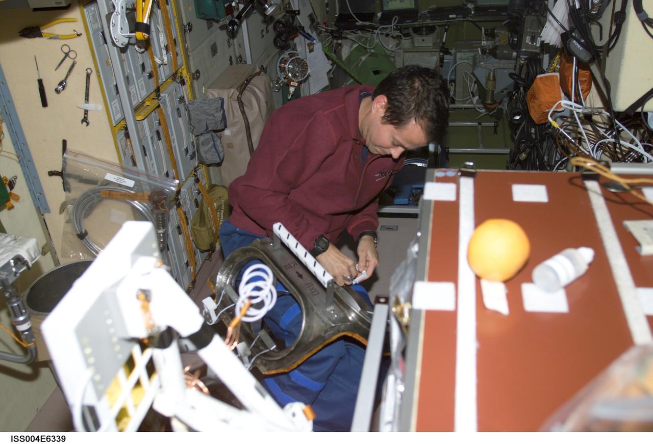 ISS004-E-6339 (January 2002) --- Astronaut Daniel W. Bursch, Expedition Four flight engineer, works with equipment in the Zvezda Service Module on the International Space Station (ISS). The image was taken with a digital still camera.