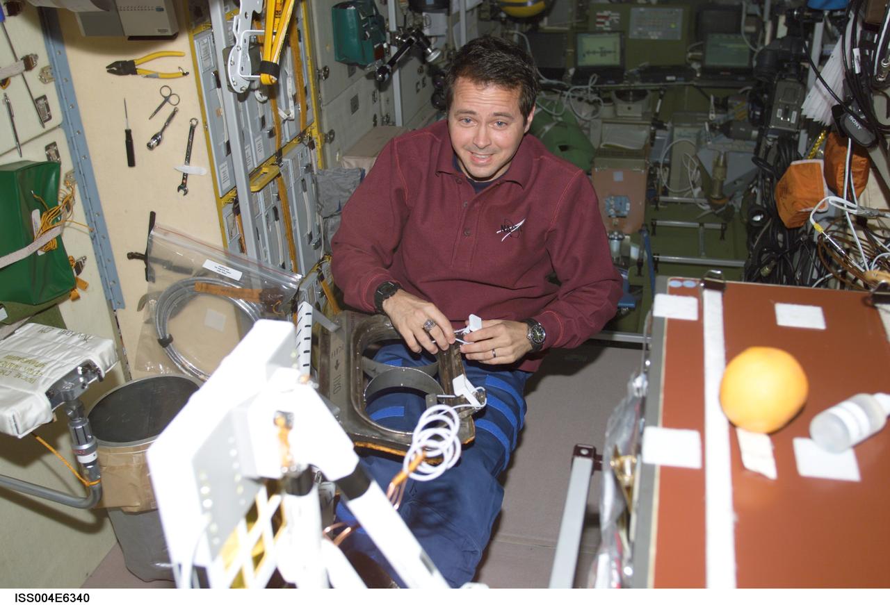 ISS004-E-6340 (January 2002) --- Astronaut Daniel W. Bursch, Expedition Four flight engineer, works with equipment in the Zvezda Service Module on the International Space Station (ISS). The image was taken with a digital still camera.