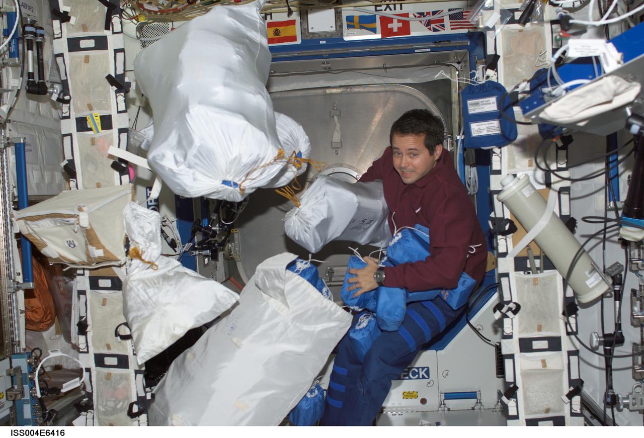 ISS004-E-6416 (January 2002) --- Astronaut Daniel W. Bursch, Expedition Four flight engineer, is photographed among stowage bags in the Destiny laboratory on the International Space Station (ISS). The image was taken with a digital still camera.