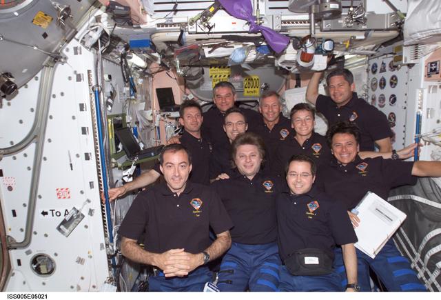 The Expedition Four, STS-111, and Expedition Five crew in-flight portrait