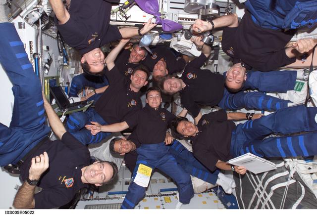 The Expedition Four, STS-111, and Expedition Five crew in-flight portrait