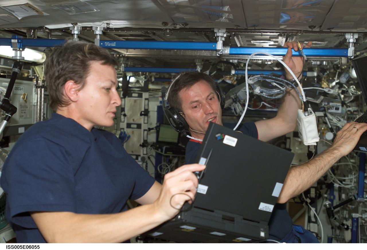 ISS005-E-06055 (27 June 2002) --- Astronaut Peggy A. Whitson (left) and cosmonaut Sergei Y. Treschev, both Expedition Five flight engineers, work in the Destiny laboratory on the International Space Station (ISS). Treschev represents Rosaviakosmos.