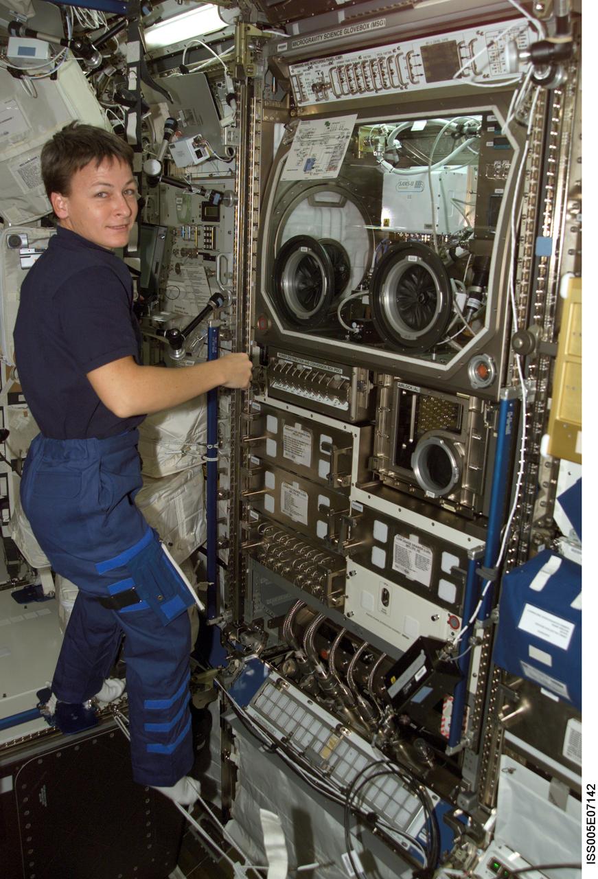 ISS005-E-07142 (8 July 2002) --- Astronaut Peggy A. Whitson, Expedition Five flight engineer, works near the Microgravity Science Glovebox (MSG) in the Destiny laboratory on the International Space Station (ISS).