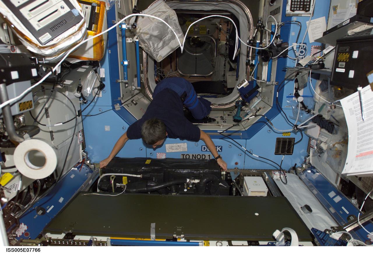 ISS005-E-07766 (15 July 2002) --- Astronaut Peggy A. Whitson, Expedition Five flight engineer, moves equipment in the Destiny laboratory on the International Space Station (ISS).