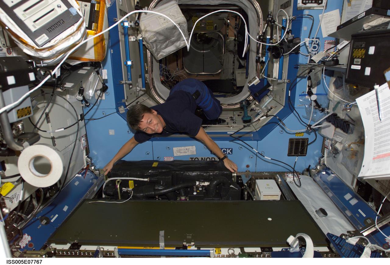 ISS005-E-07767 (15 July 2002) --- Astronaut Peggy A. Whitson, Expedition Five flight engineer, moves equipment in the Destiny laboratory on the International Space Station (ISS).
