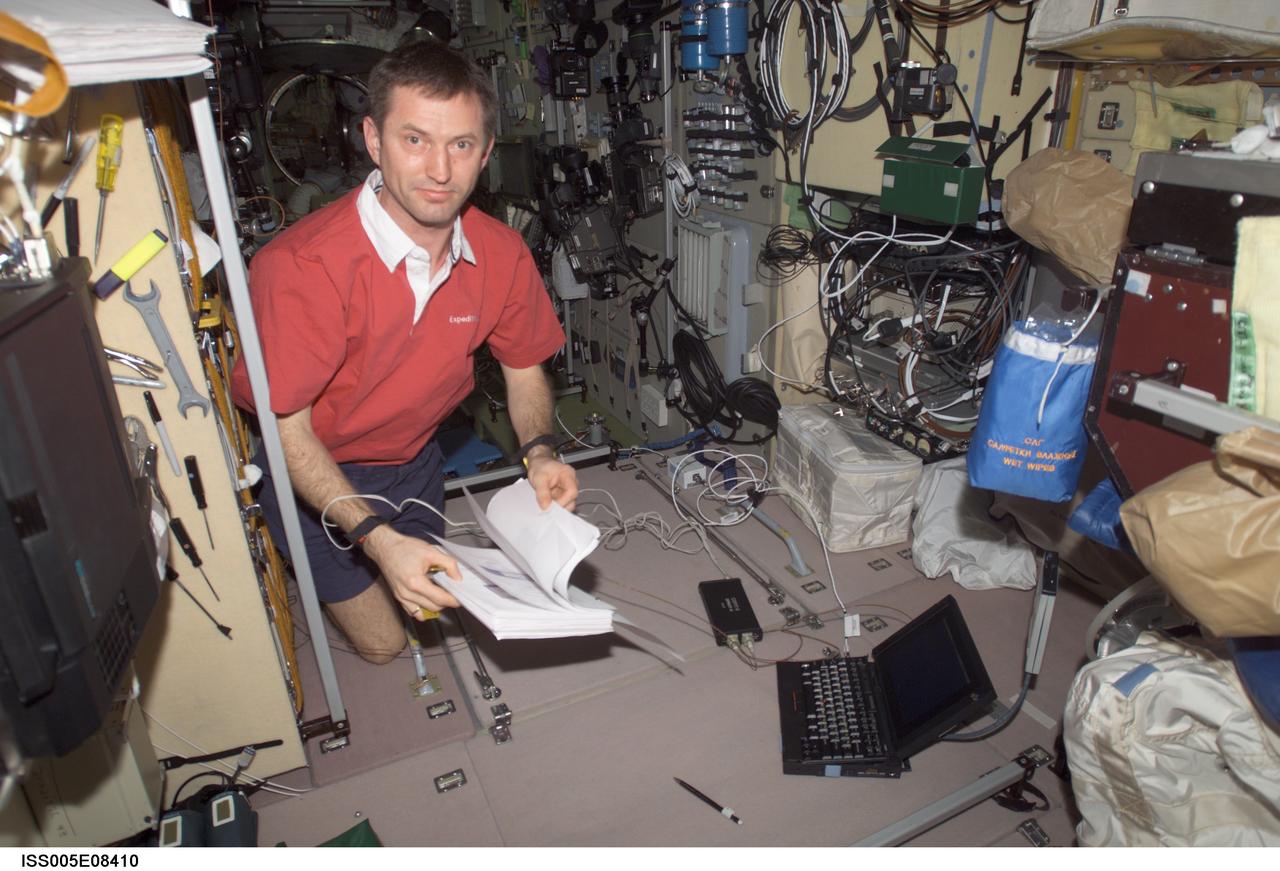 ISS005-E-08410 (July 2002) --- Cosmonaut Sergei Y. Treschev, Expedition Five flight engineer representing Rosaviakosmos, works in the Zvezda Service Module on the International Space Station (ISS).