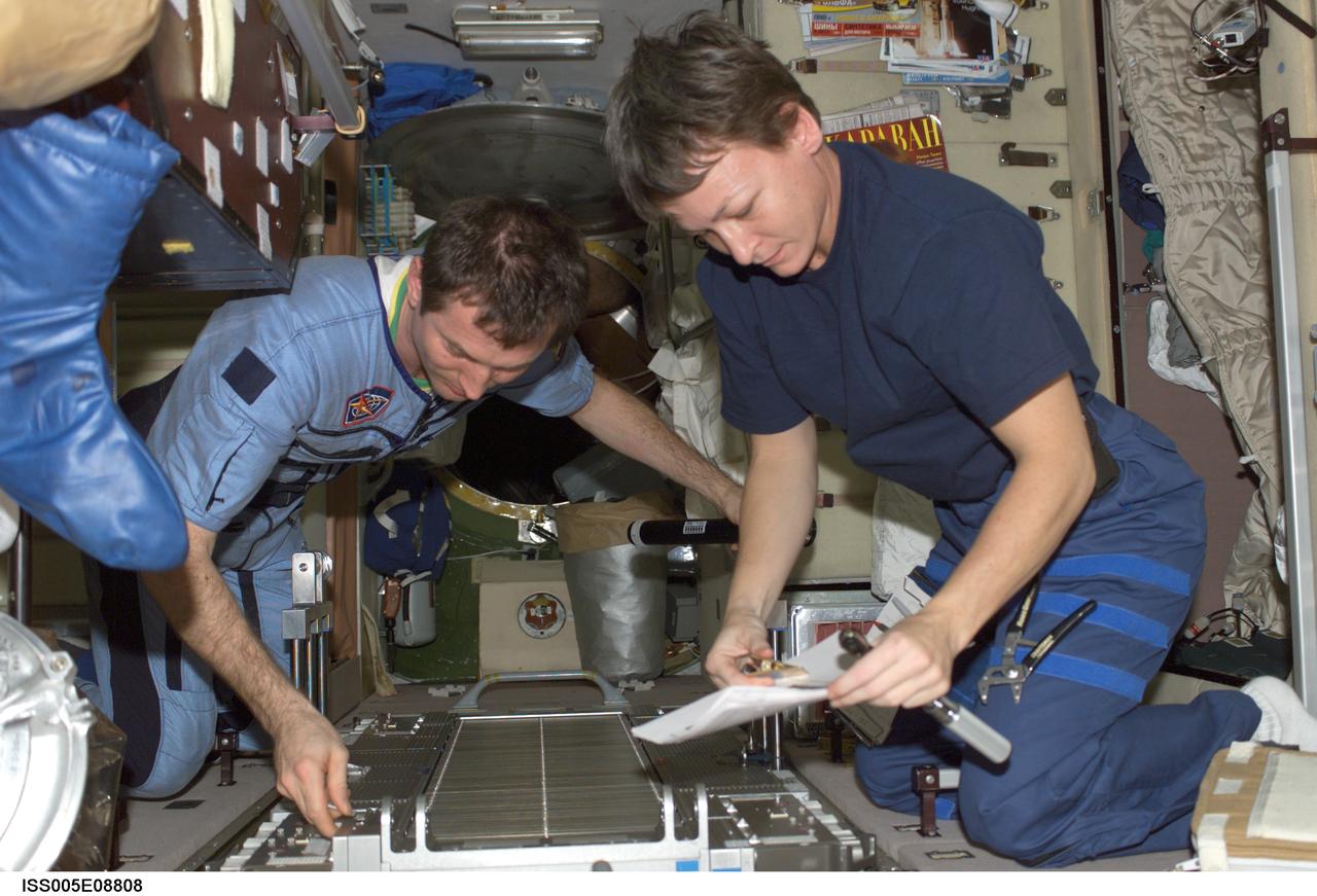 ISS005-E-08808 (7 August 2002) --- Cosmonaut Sergei Y. Treschev (left) and astronaut Peggy A. Whitson, both Expedition Five flight engineers, perform maintenance on the Treadmill Vibration Isolation System (TVIS) in the Zvezda Service Module on the International Space Station (ISS). Treschev represents Rosaviakosmos.