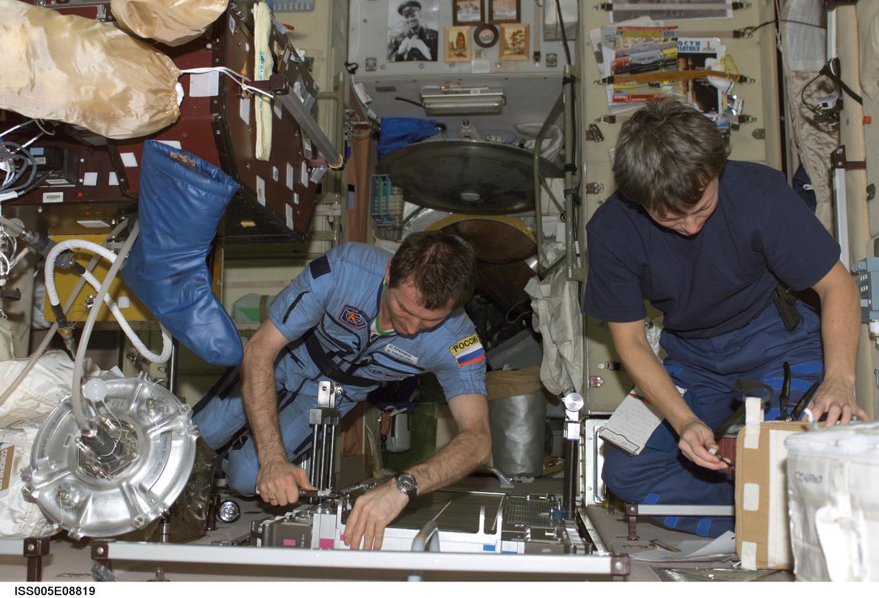 ISS005-E-08819 (7 August 2002) --- Cosmonaut Sergei Y. Treschev (left) and astronaut Peggy A. Whitson, both Expedition Five flight engineers, perform maintenance on the Treadmill Vibration Isolation System (TVIS) in the Zvezda Service Module on the International Space Station (ISS). Treschev represents Rosaviakosmos.