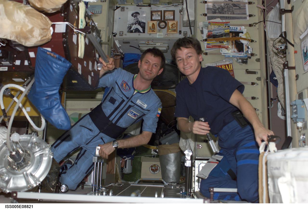 ISS005-E-08821 (7 August 2002) --- Cosmonaut Sergei Y. Treschev (left) and astronaut Peggy A. Whitson, both Expedition Five flight engineers, are photographed near the Treadmill Vibration Isolation System (TVIS) in the Zvezda Service Module on the International Space Station (ISS). Treschev represents Rosaviakosmos.
