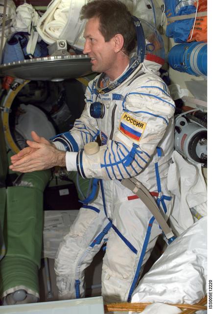 NASA image: Treschev wearing a Russian Sokol suit in the FGB during Expedition Five on the ISS
