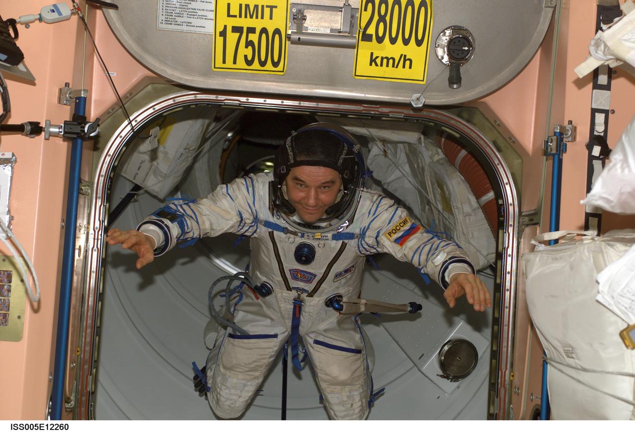 ISS005-E-12260 (3 September 2002) --- Cosmonaut Valery G. Korzun, Expedition Five mission commander, wearing a Russian Sokol suit, floats through a hatch into the Unity node on the International Space Station (ISS). Korzun represents Rosaviakosmos.