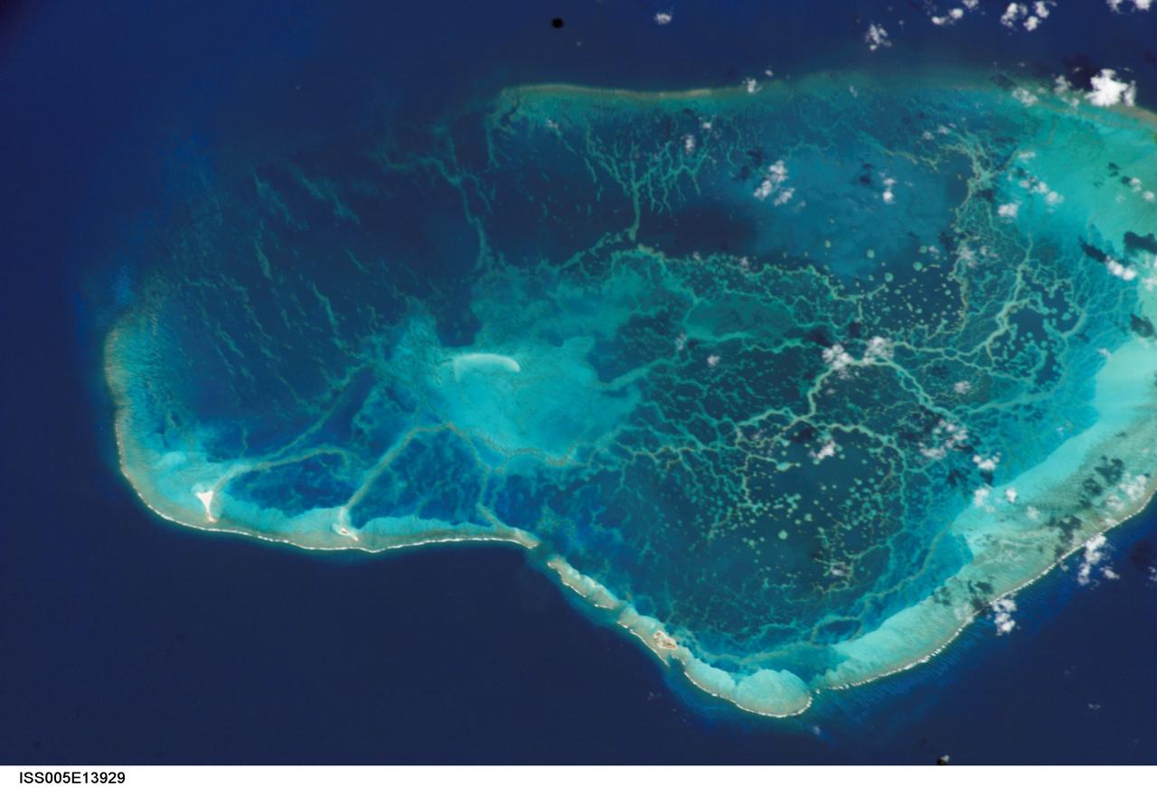 ISS005-E-13929 (12 September 2002) --- Pearl and Hermes Reef, northwest Hawaii, are featured in this image photographed by an Expedition 5 crewmember onboard the International Space Station (ISS). A new technique developed by NOAA scientists has made it possible to plot the depths of lagoon features using digital astronaut photography from the ISS.