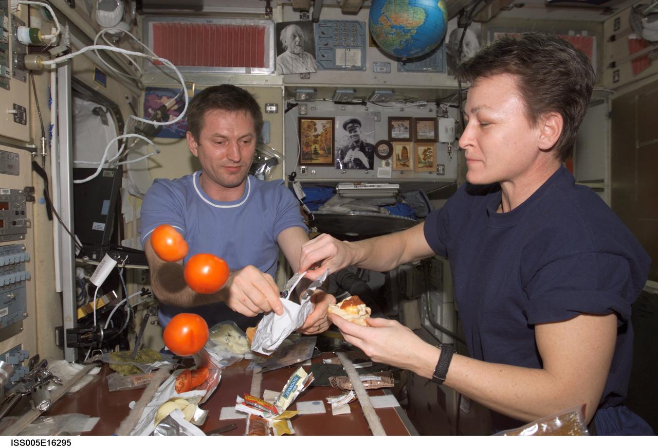 ISS005-E-16295 (4 October 2002) --- Astronaut Peggy A. Whitson (right) and cosmonaut Sergei Y. Treschev, both Expedition Five flight engineers, share a meal in the Zvezda Service Module on the International Space Station (ISS). Treschev represents Rosaviakosmos.
