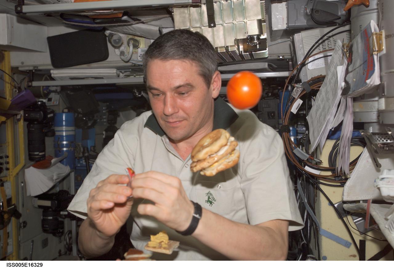 ISS005-E-16329 (4 October 2002) --- Cosmonaut Valery G. Korzun, Expedition Five mission commander, prepares to eat a meal in the Zvezda Service Module on the International Space Station (ISS). Korzun represents Rosaviakosmos.
