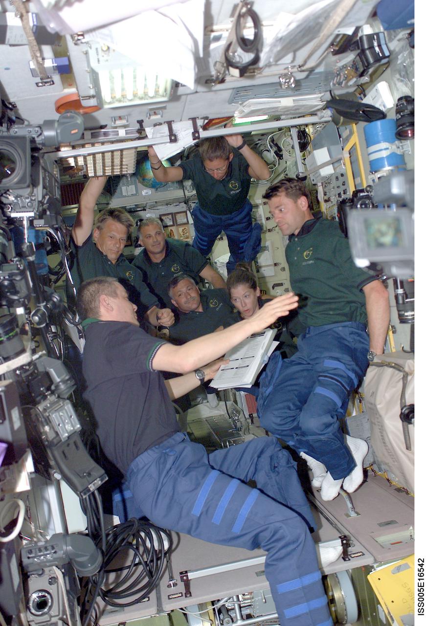 ISS005-E-16542 (9 October 2002) --- Cosmonaut Valery G. Korzun, Expedition Five mission commander, and the STS-112 crewmembers were photographed in the Zvezda Service Module on the International Space Station (ISS). Others pictured are astronauts Jeffrey S. Ashby, STS-112 mission commander; Pamela A. Melroy, pilot; Sandra H. Magnus, Piers J. Sellers, David A. Wolf, and cosmonaut Fyodor N. Yurchikhin, all mission specialists. Korzun and Yurchikhin represent Rosaviakosmos.