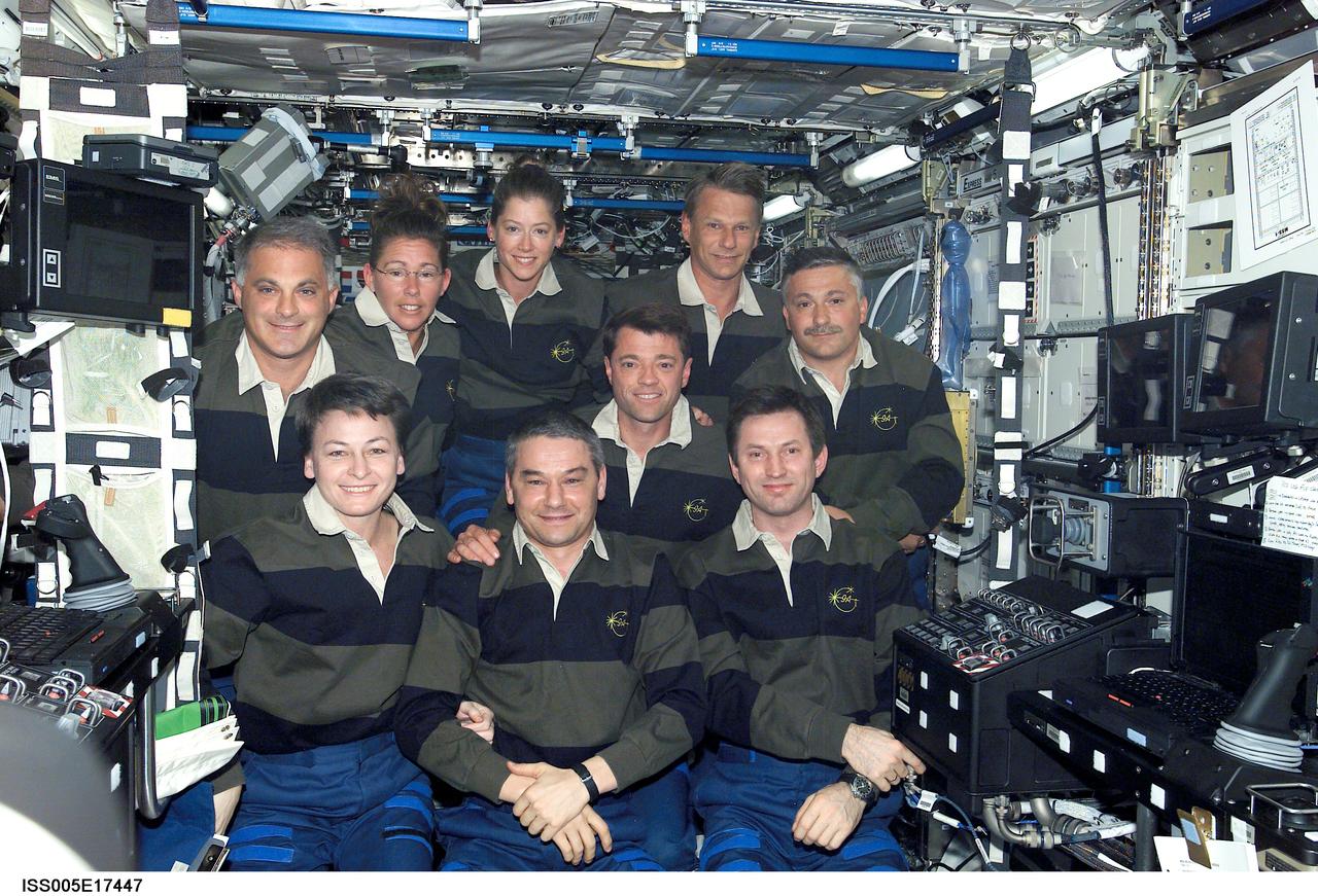 ISS005-E-17447 (13 October 2002) --- The Expedition Five and STS-112 crews assemble for a group photo in the Destiny laboratory on the International Space Station (ISS). From the left, front row, are astronaut Peggy A. Whitson, Expedition Five flight engineer; cosmonauts Valery G. Korzun and Sergei Y. Treschev, Expedition Five mission commander and flight engineer, respectively. From the left, back row, are astronauts David A. Wolf, Sandra H. Magnus, both STS-112 mission specialists; Pamela A. Melroy, Jeffrey S. Ashby, STS-112 pilot and mission commander, respectively; Piers J. Sellers and cosmonaut Fyodor N. Yurchikhin, both STS-112 mission specialists. Korzun, Treschev and Yurchikhin represent Rosaviakosmos.