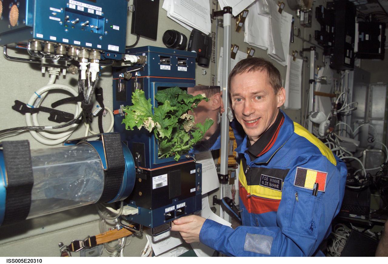 ISS005-E-20310 (8 November 2002) --- Belgian Soyuz 5 Flight Engineer Frank DeWinne is pictured near a plant growth experiment in the Zvezda Service Module on the International Space Station (ISS). DeWinne represents the European Space Agency (ESA).
