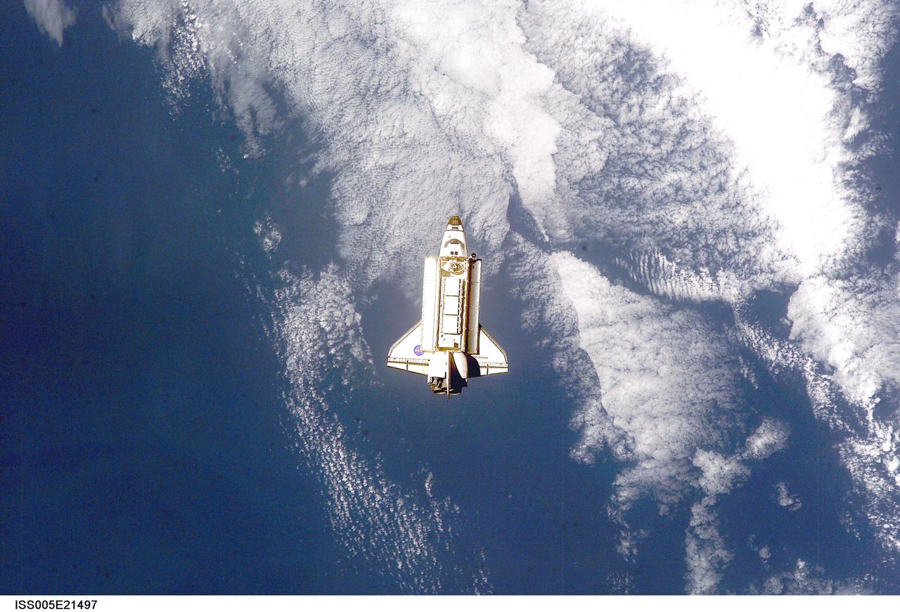ISS005-E-21497 (25 November 2002) --- Backdropped by a blue and white Earth, the Space Shuttle Endeavour approaches the International Space Station (ISS) during STS-113 rendezvous and docking operations. Docking occurred at 3:59 p.m. (CST) on November 25, 2002. The Port One (P1) truss, which was later to be attached to the station and outfitted during three spacewalks, can be seen in Endeavour&#0146;s cargo bay.