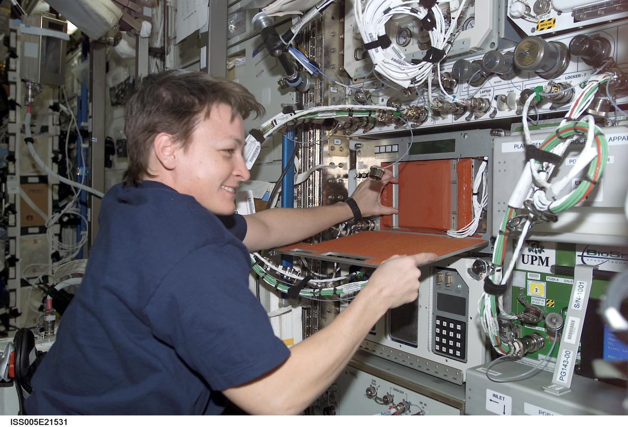 ISS005-E-21531 (24 November 2002) --- Astronaut Peggy A. Whitson, Expedition Five science officer, works with an experiment in the Destiny laboratory as her tenure on board the International Space Station (ISS) winds down.