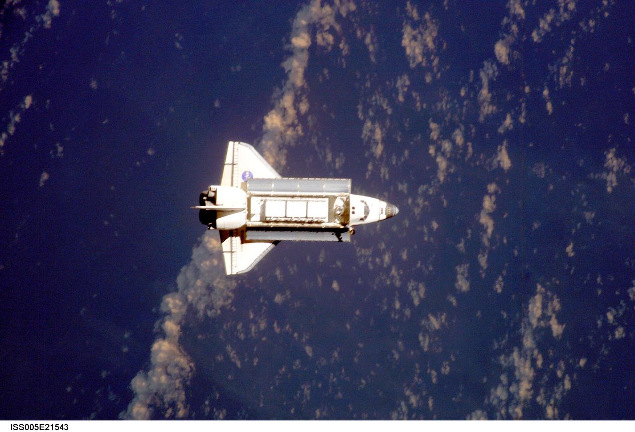 ISS005-E-21543 (25 November 2002) --- Backdropped by a blue and white Earth, the Space Shuttle Endeavour approaches the International Space Station (ISS) during STS-113 rendezvous and docking operations. Docking occurred at 3:59 p.m. (CST) on November 25, 2002. The Port One (P1) truss, which was later to be attached to the station and outfitted during three spacewalks, can be seen in Endeavour's cargo bay.